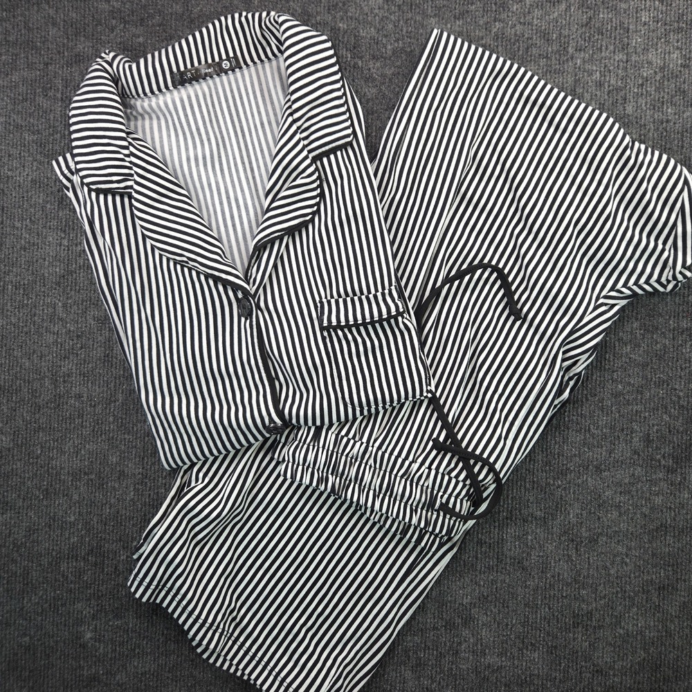 Tart Intimate Women's Black White Striped Pajama Set Button Front Top Pants M